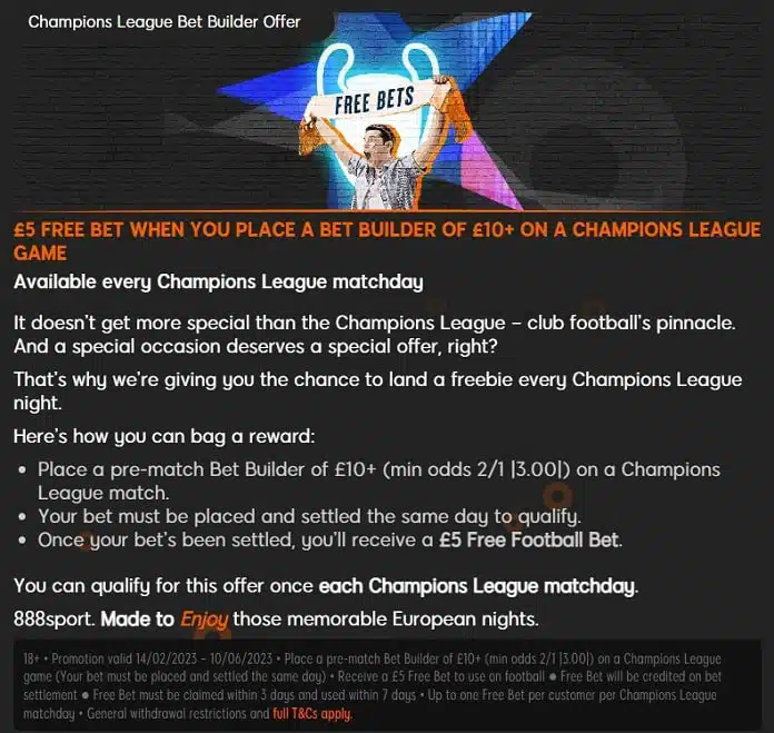 888sport Champions League bet builder football free bets offer
